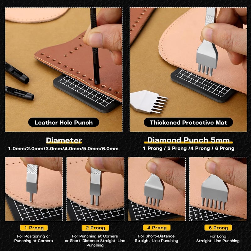 MORFEN Leather Stitching Punch Hole Punch Tool Set, 5mm 1/2/4/6 Prong Punch Chisel, Round Hole Punch for Belt, Watch Band, Leather Strap DIY Crafts - Image 4